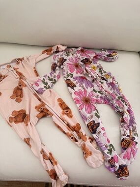 Posh Peanut Pink Teddy Bear & Floral Butterfly Zip One-Pieces